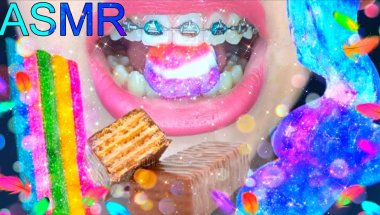 Galaxy themed ASMR Emoji Food Challenge. 🌆 Edible Grape goo, chocolate wafer, Rainbow belt, candy 🍬🍭
