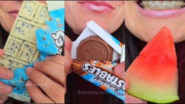 ASMR satisfying eating Mr. Beast Feastables Chocolate Bars Food  #asmr #braces #mrbeast #feastables