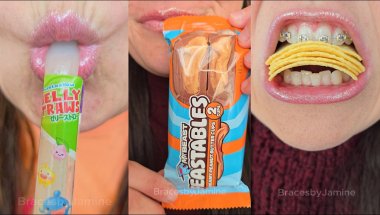 ASMR satisfying eating Mr. Beast Feastables Chocolate Bars Food  #asmr #braces #mrbeast #feastables
