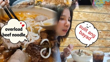 #eating  rice noodle beef at Noodle shop .